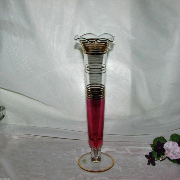 Vintage 10" Red Glass Vase Cranberry Flash Footed Gold Bands Mid-century Decor - Picture 2 of 6